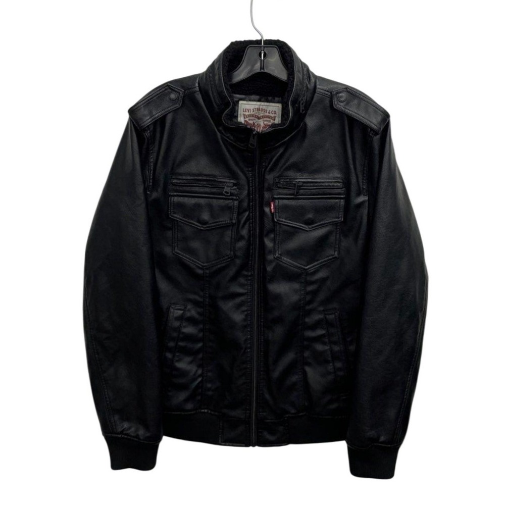 Levis Mens Black Faux Leather Sherpa Lined Bomber Jacket Medium Full Zip